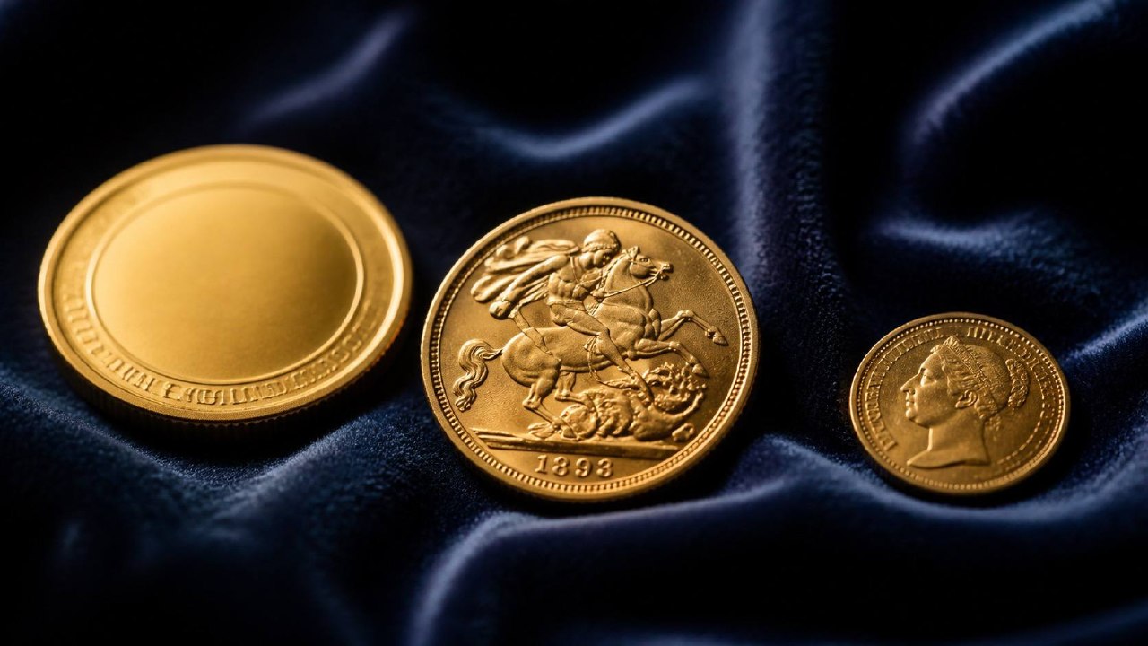 Goldmünzen-Sammlung — Kr&uuml;gerrand, Wiener Philharmoniker, Maple Leaf, Sovereigns und 20-Mark-Stücke auf samtenem Bewertungstuch