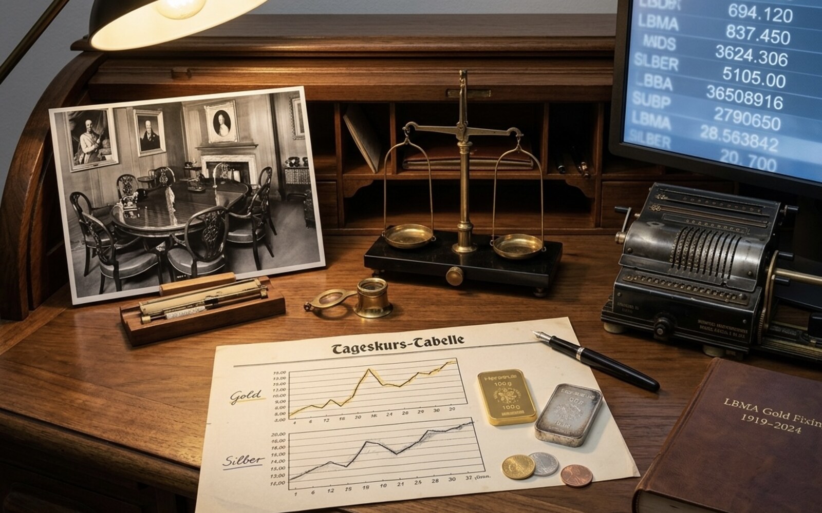 LBMA-Mechanik am Walnuss-Sekretär — Sepia-Foto des London Gold Fixing 1919, Spot-Price-Ticker, Tageskurs-Tabelle, Heraeus-Gold- und Silberbarren und Brunsviga-Rechenmaschine.