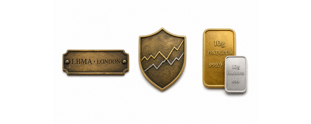 LBMA-Plakette, Schild mit Gold- und Silberkurve, 10g Gold- und Silberbarren