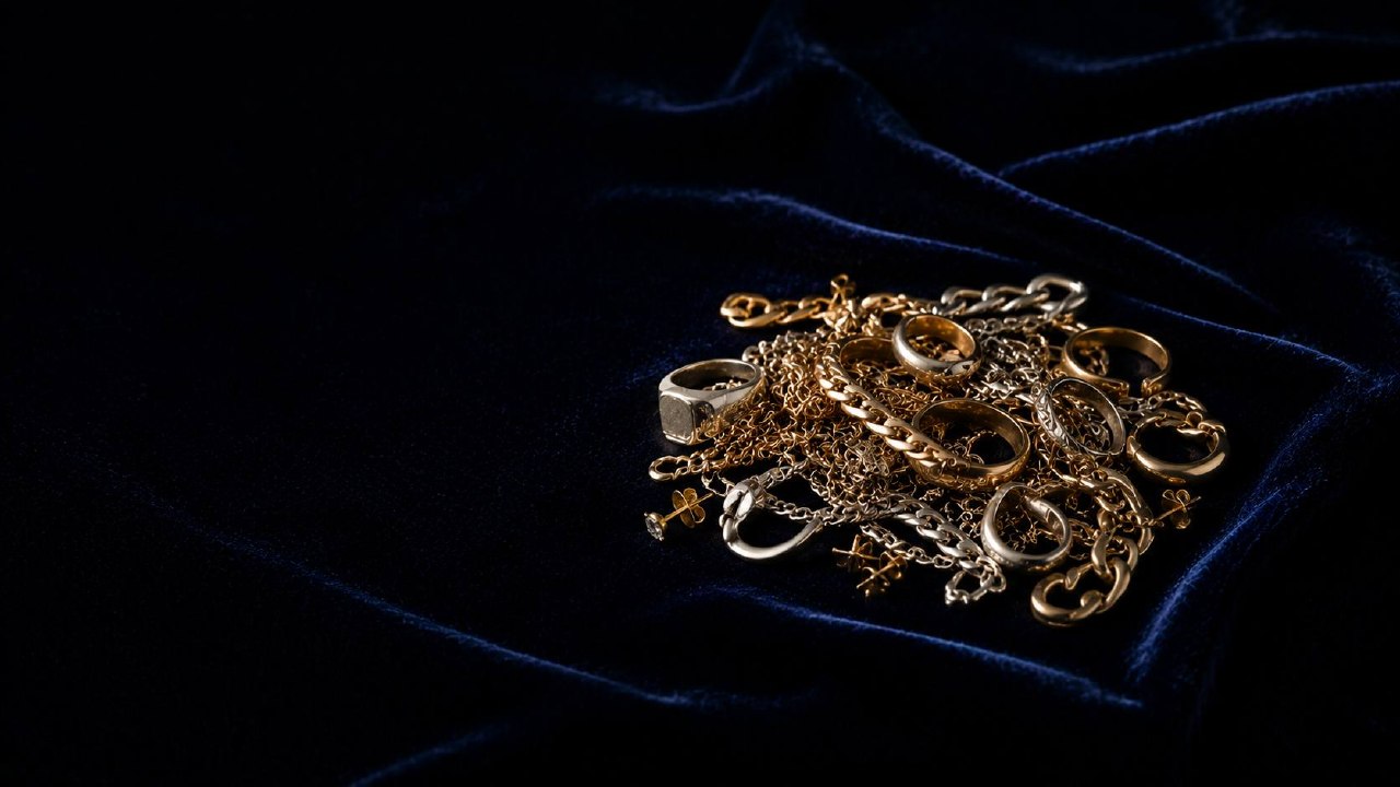 Goldschmuck-Mix aus Ringen und Ketten auf dunklem Samt