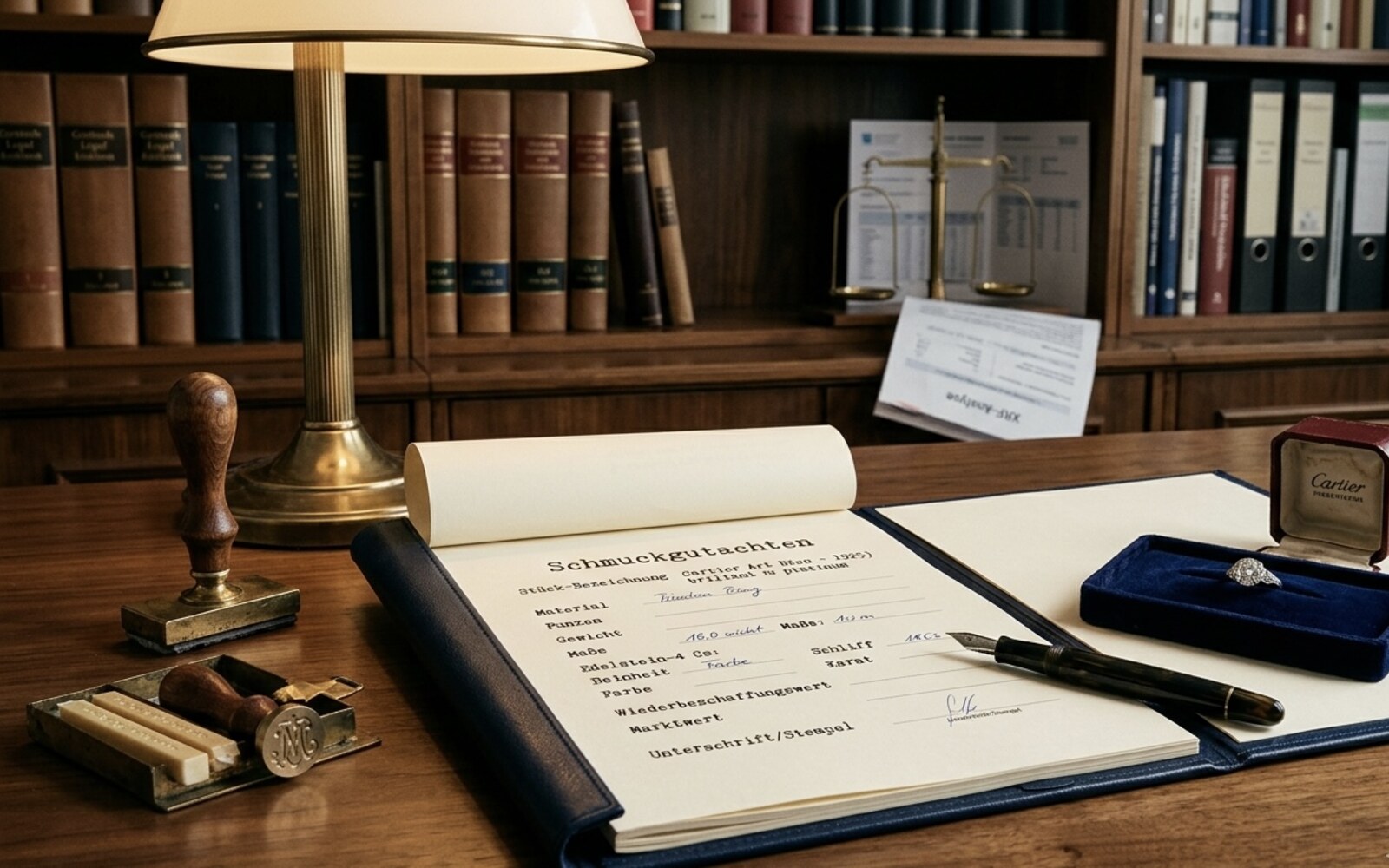 Schmuckgutachten in Bearbeitung — Leder-A4-Folio mit handgeschriebenem Bewertungs-Template (Material, Punzen, 4 Cs, Marktwert), Stempel und Cartier-Ring im Etui.