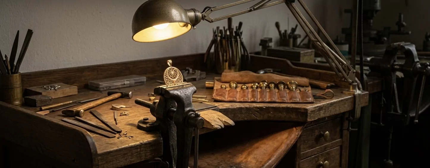 Traditionelle Pforzheimer Goldschmiede-Werkbank in Eichenholz mit hängender Industriearbeitslampe, Schraubstock mit halbfertigem Filigran-Anhänger, Reihe von Messing-Bürsten und -Graveuren, antike Brüniertechnik-Werkzeuge auf Lederrolle, painterly Vermeer-Werkstatt-Ästhetik.