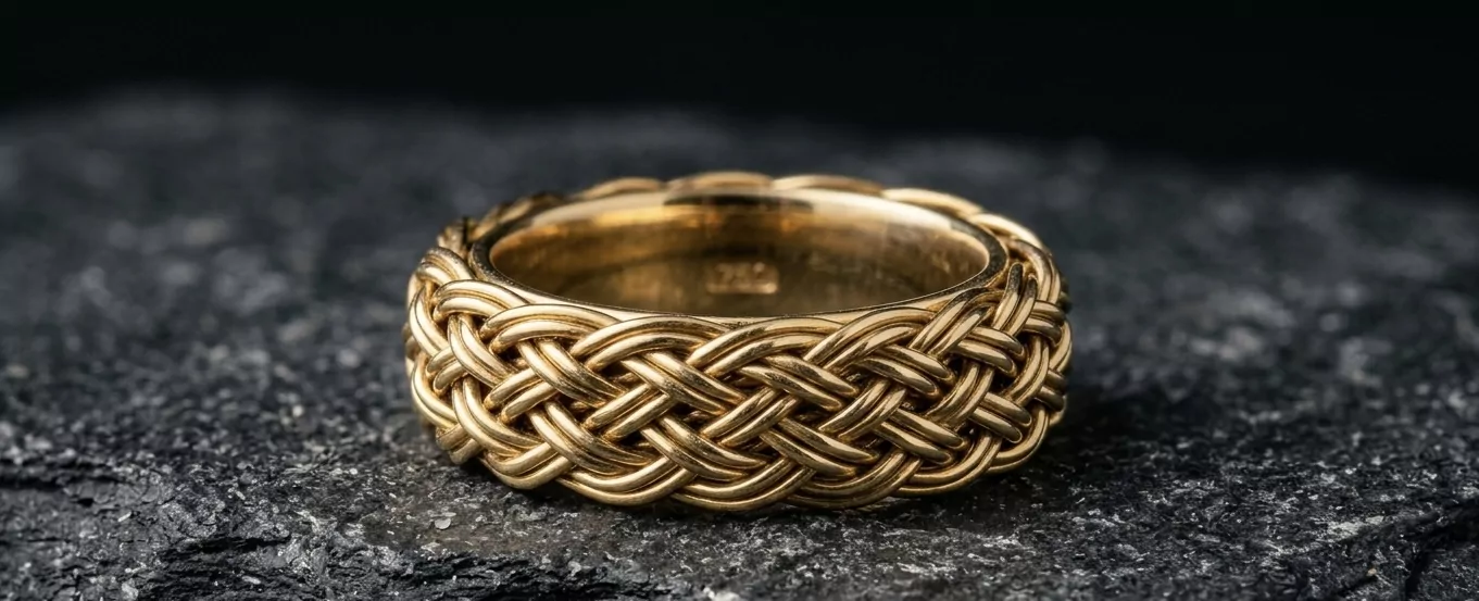 Wellendorff-Goldkordel-Ring auf dunklem Schiefer — verflochtenes 750er-Gelbgold in der charakteristischen hand-gewebten Kordel-Struktur, fließende Wellendorff-Handschrift, fine-art Schmuck-Plate-Macro.