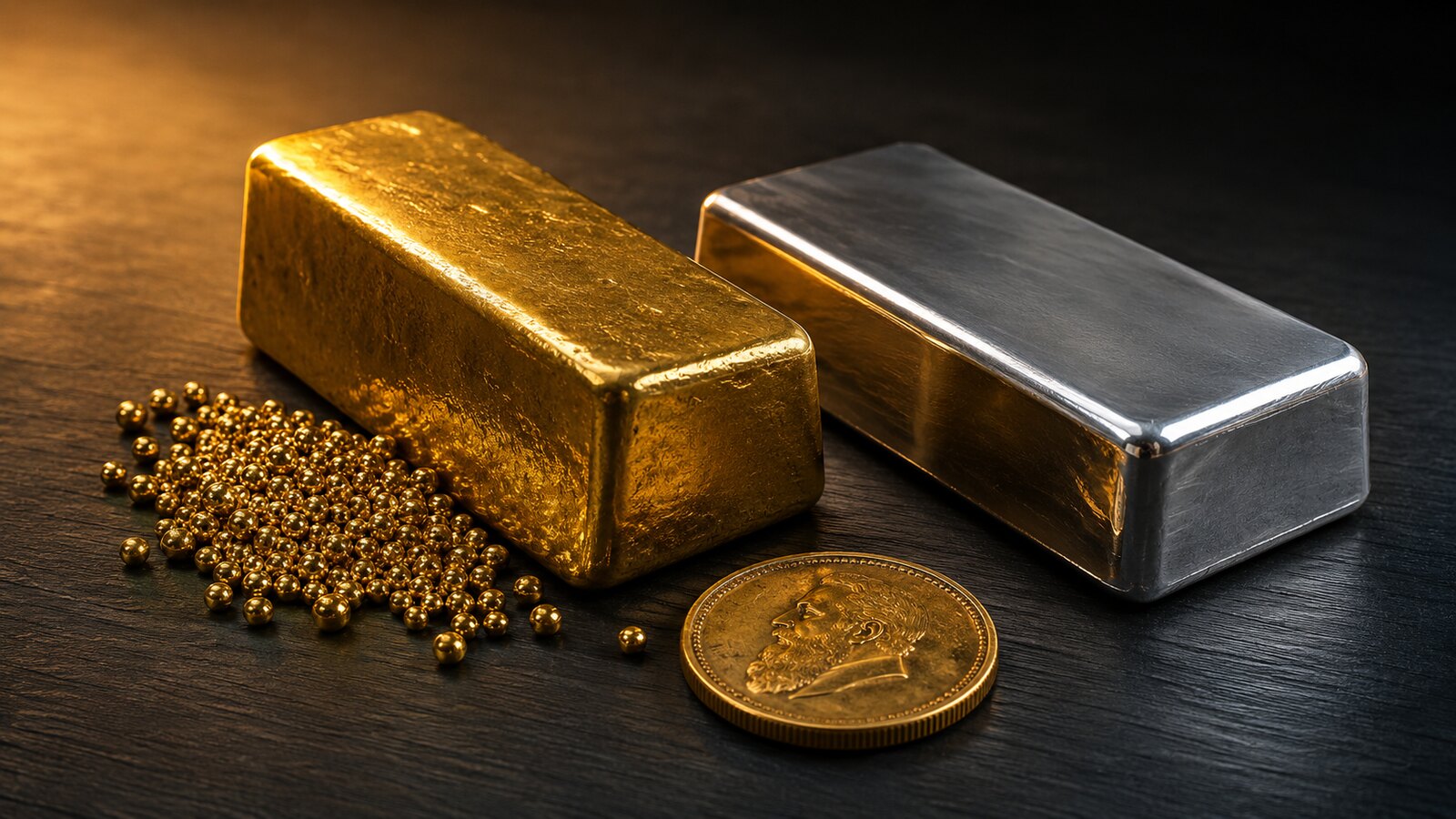 Goldbarren, Silberbarren, Goldgranulat und antike Goldmünze auf dunklem Schiefer
