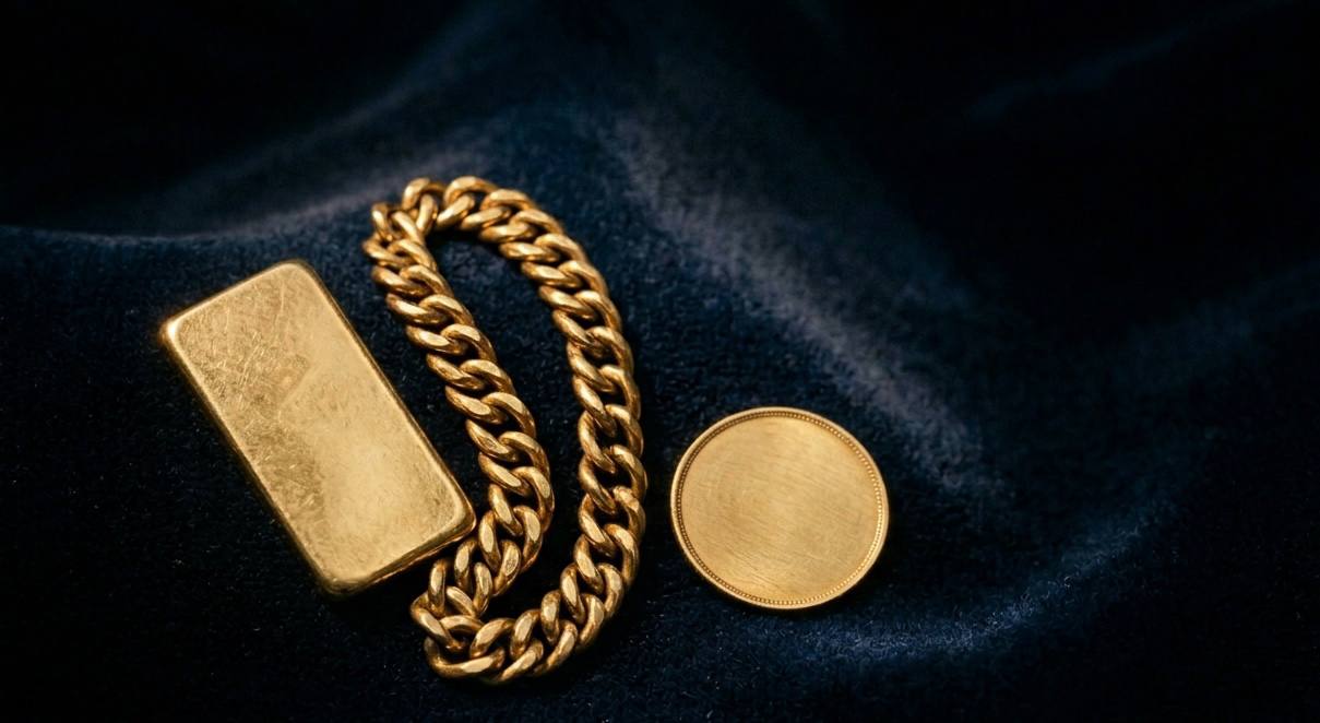 Goldbarren und Goldketten auf dunkelblauem Samt