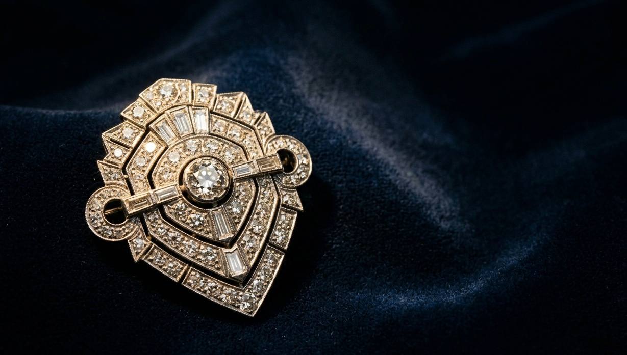 Antike Brosche mit Diamantbesatz auf dunkelblauem Samt