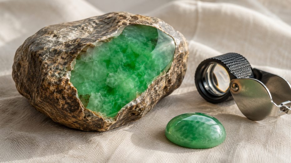 Roher Jadeit-Boulder mit poliertem Fenster, das gr&uuml;ne Jade unter der braunen Verwitterungsrinde zeigt, daneben ein gr&uuml;ner Cabochon und eine Juwelierslupe