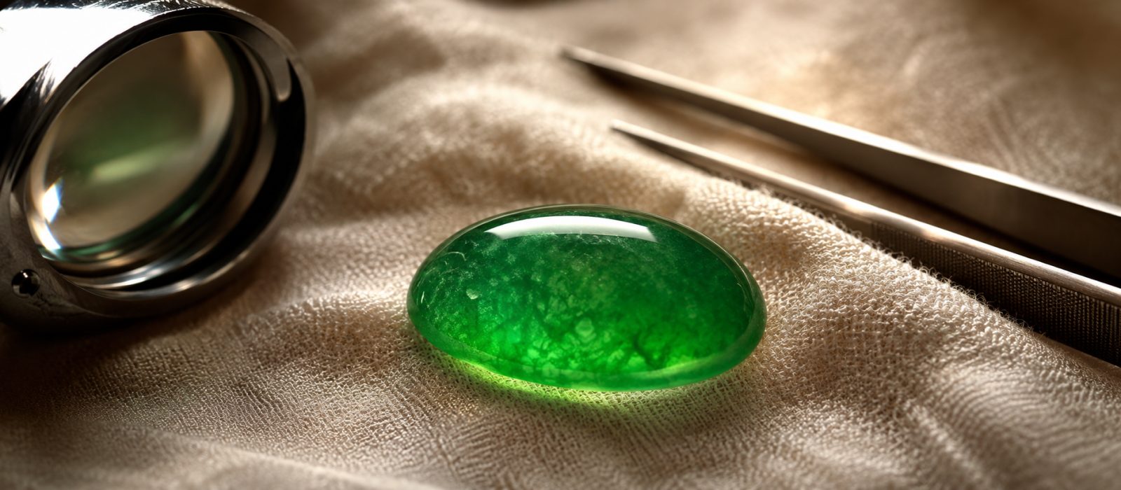 Durchscheinender smaragdgr&uuml;ner Imperial-Jade-Cabochon mit innerem Leuchten, daneben Juwelierslupe und Steinpinzette auf cremefarbenem Leinen