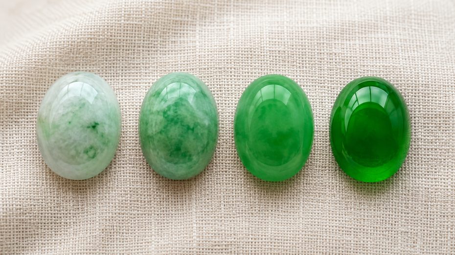 Vier Jade-Cabochons nebeneinander von blass und fleckig &uuml;ber apfelgr&uuml;n bis zum durchscheinenden Imperial-Gr&uuml;n ganz rechts