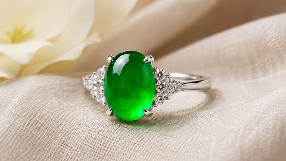 Wei&szlig;goldring mit ovalem durchscheinend gr&uuml;nem Imperial-Jade-Cabochon und seitlichen Brillanten auf cremefarbenem Stoff