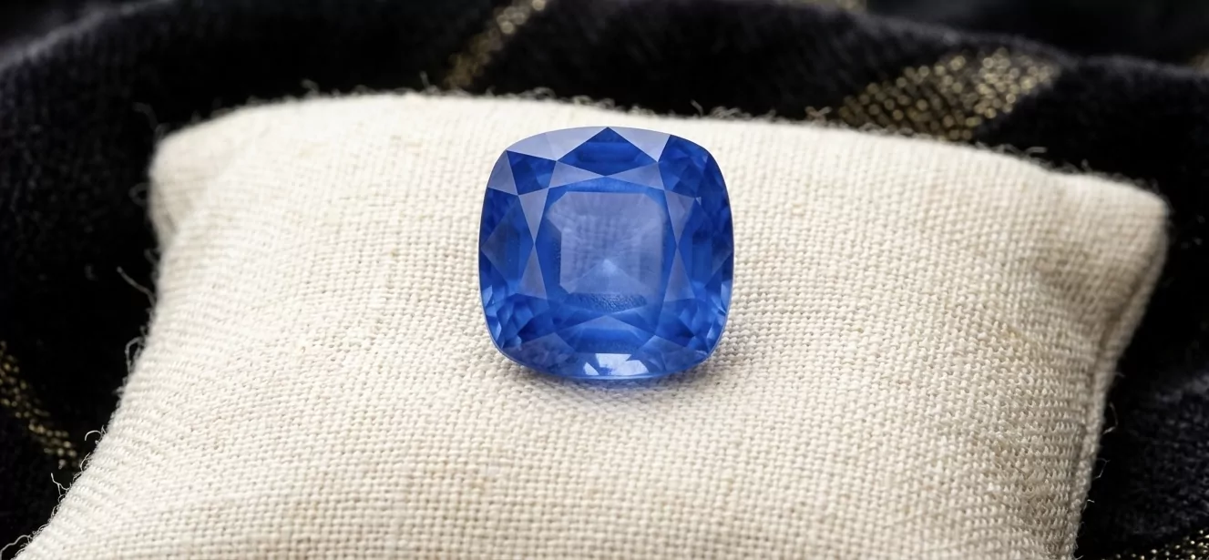 Vier-Karat Kashmir-Saphir im Cushion-Cut auf naturweißem Seidenkissen &mdash; reines Cornflower-Blau mit dem berühmten samtigen Silk-Glow durch feinste Rutil-Einschlüsse.