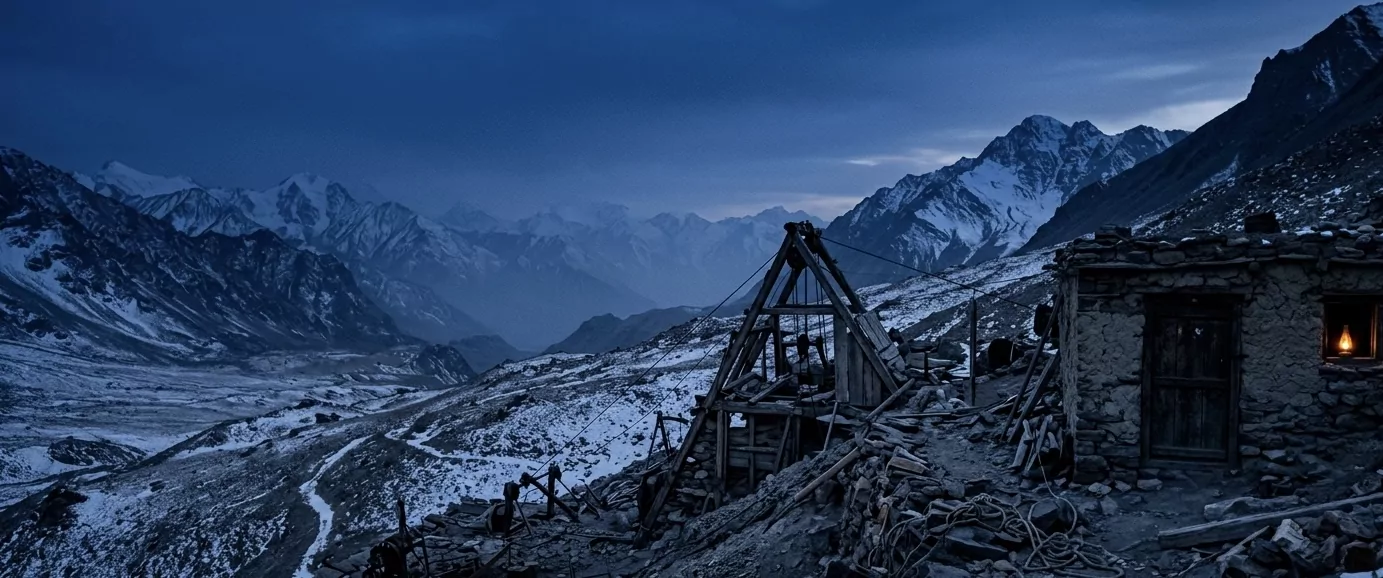 Hochgebirgs-Saphirmine im Padar-Tal des Zanskar-Range auf 4500 m Höhe in der Abenddämmerung &mdash; verfallenes Holzgerüst und Steinhütten vor schneebedeckten Himalayaspitzen.