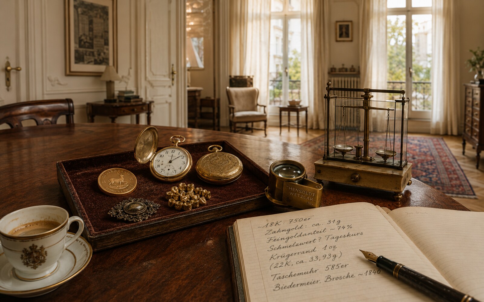 Hausbesuch in Köln-Lindenthal &mdash; Mahagoni-Esstisch mit Taschenuhren, Kr&uuml;gerrand, Biedermeier-Brosche, Waage und Bewertungsbuch im Gründerzeit-Wohnzimmer.