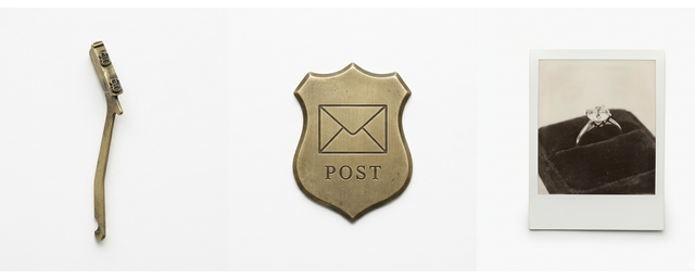 Messing-Schreibmaschinen-Detail, Schild mit Briefumschlag-Gravur und Polaroid eines Schmuckstücks — Symbol für E-Mail und Foto-Bewertung