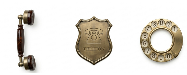 Antikes Bakelit-Telefon, gravierte Messingplakette und Wählscheibe — Symbol für telefonische Bewertung