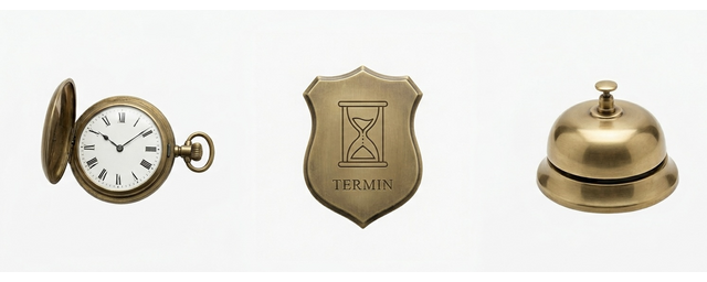 Messing-Taschenuhr, gravierte Plakette und Tischglocke — Symbol für persönliche Terminvereinbarung