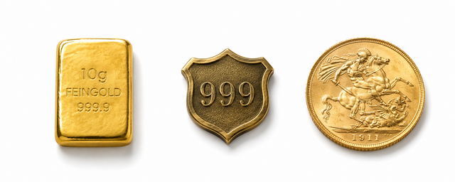 Goldbarren, 999-Plakette und antike Gold-Sovereign