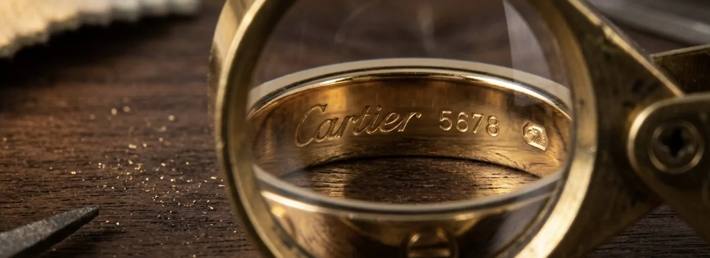 Extreme Makroaufnahme der Innenseite eines Cartier Gelbgold-Bandrings unter Messing-10×-Lupe — sichtbar die kursive „Cartier"-Signatur, eine vierstellige Seriennummer und der französische Adlerkopf-Assay-Punze, dunkler Walnut-Werkbank.