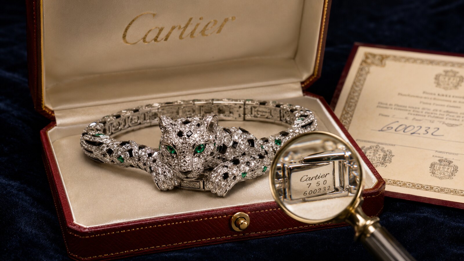 Cartier-Panther-Brosche, Van Cleef Alhambra-Anhänger und Bulgari-Serpenti-Ring auf dunkelblauem Samt.