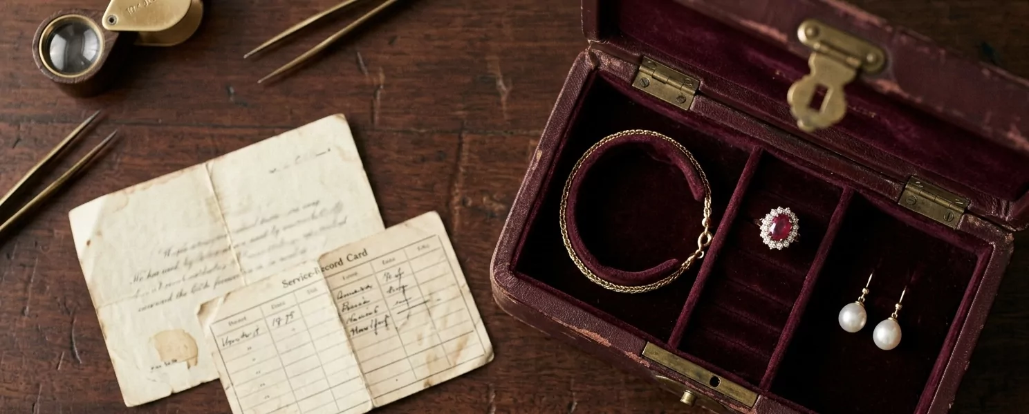 Antike Schmuckkassette mit himbeerfarbenem Velvet-Innenfutter, geöffnet — Goldketten-Armband, Rubin-Cluster-Ring und Perlohrringe in den Velvet-Fächern, daneben handschriftliche Service-Record-Karten und Provenienz-Notizen, Messing-Lupe und Pinzetten auf dunkler Walnut-Tischplatte, Kinfolk-meets-archival-Ästhetik.