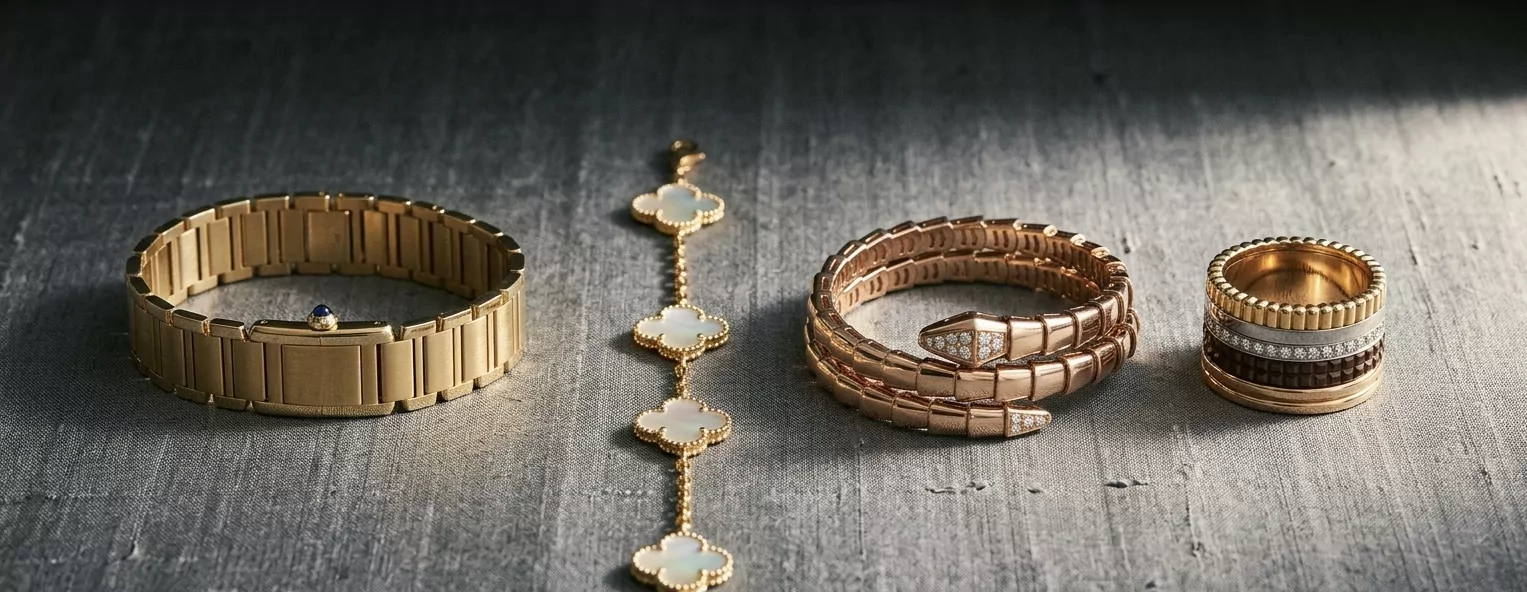 Vier ikonische Maison-Stücke nebeneinander auf grauem Rohseidengewebe — Cartier Tank-Bracelet, Van Cleef Alhambra-Kette, Bulgari Serpenti und Boucheron Quatre-Ring im editorialen Side-by-Side, Phillips Magnificent Jewels Catalogue-Ästhetik.