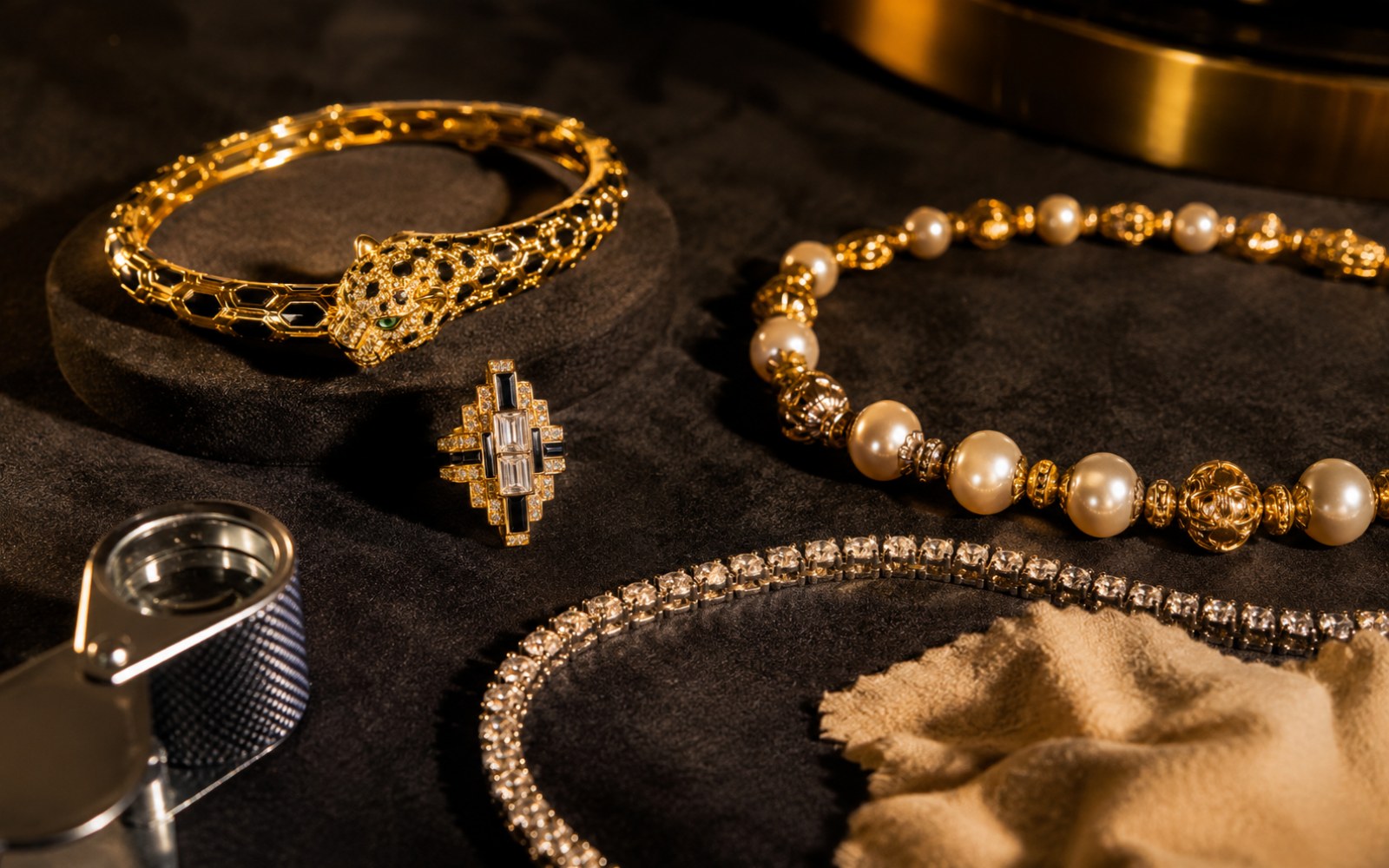 Signierter Markenschmuck verschiedener Häuser, Ringe, Colliers und Armbänder auf einem Bewertungstableau