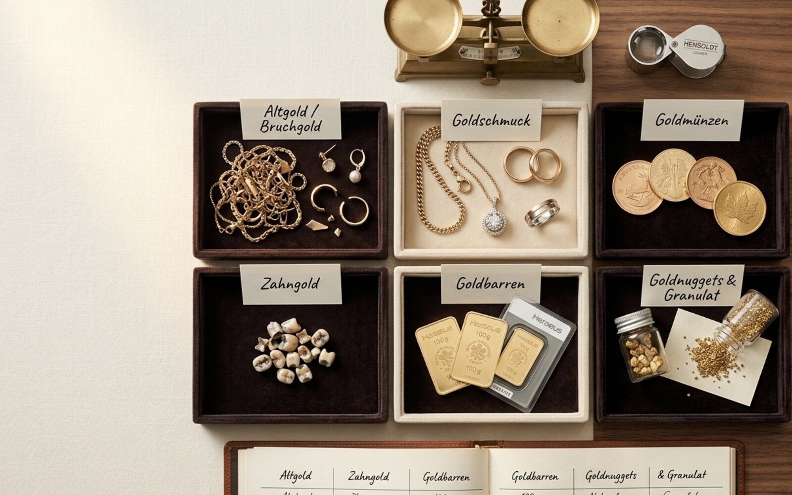 Sechs Gold-Kategorien im 3×2-Raster auf Samt-Tabletts — Altgold, Goldschmuck, Goldmünzen, Zahngold, Heraeus-Barren und Granulat, mit Präzisionswaage und Lupe.