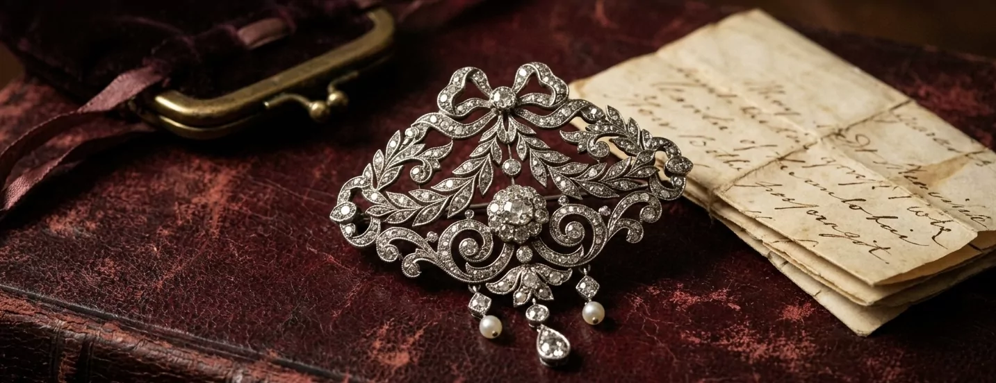Belle-Époque Platin-Diamant-Brosche um 1905 mit Lorbeerblatt- und Bändermotiv auf abgenutztem crimson-Leder, daneben gefaltete handgeschriebene Brief-Seiten in verblasster Kopierschrift, samtene Schmucktasche mit Messing-Verschluss leicht unscharf, Vermeer-Chiaroscuro.