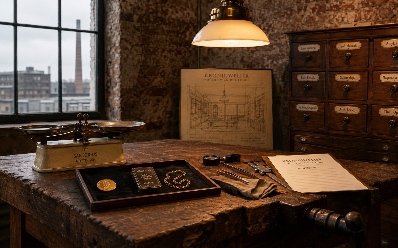 M&uuml;lheim &Uuml;bergangs-Werkstatt &mdash; Werkbank mit Sartorius-Pr&auml;zisionswaage, Kr&uuml;gerrand, Heraeus-Goldbarren und Architekturplan der M&uuml;lheimer Neuer&ouml;ffnung.