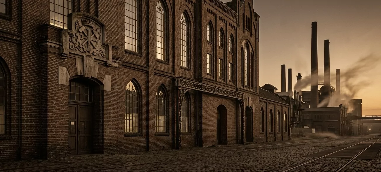 Sepia-getöntes Ruhrgebiets-Industrie-Backsteingebäude aus dem späten 19. Jahrhundert bei Dämmerung — kathedralenartige Spitzbogenfenster, schmiedeeiserne Beschläge, ornamentaler Wappenrelief-Schlussstein, ferne Schornsteine mit Dampf-Fahnen, Bernd-und-Hilla-Becher-Ästhetik.