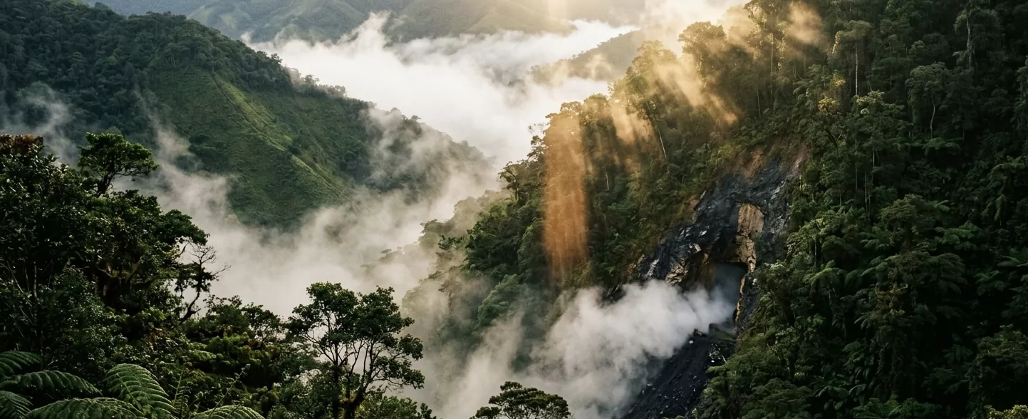 Muzo-Distrikt im kolumbianischen Boyacá bei Sonnenaufgang — Nebelwald mit goldenen Lichtstrahlen über steilen Andenhängen und einem in den schwarzen Schiefer geschnittenen Stollen-Eingang.