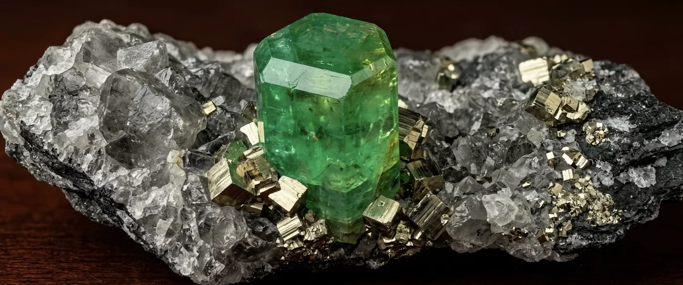 Natürlicher hexagonaler Muzo-Smaragdkristall in seiner Calcit-Pyrit-Matrix — vivides Cr-dominantes Grün mit warmem gelblich-grünem Sekundärton, museum-grade Mineralogie-Spezimen.