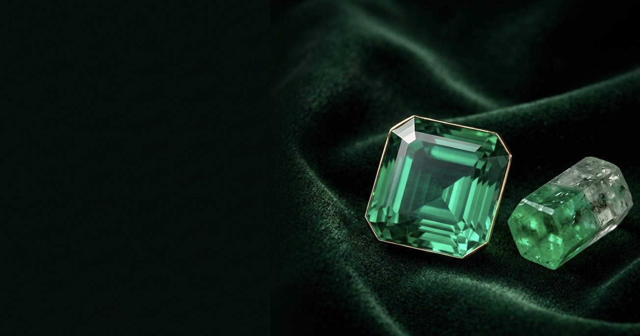 Muzo-Smaragd Emerald-Cut neben hexagonalem Rohkristall auf Forest-Velvet