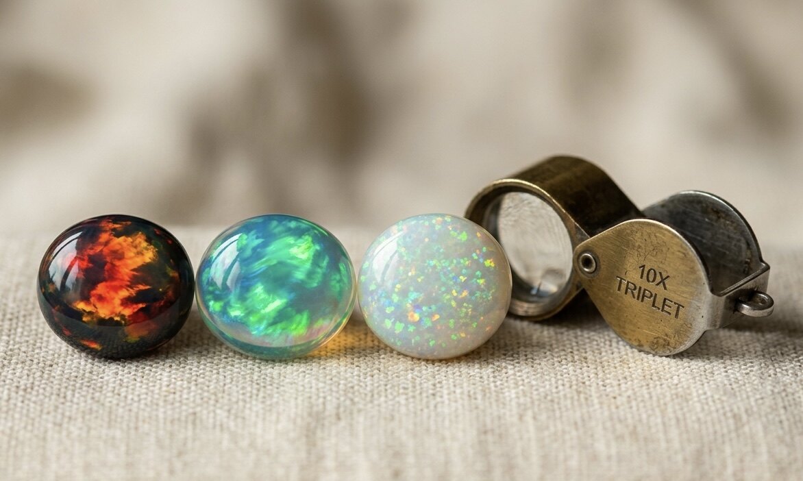 Drei Opale nebeneinander &mdash; ein Schwarzopal mit rotem Feuer, ein Kristallopal mit gr&uuml;n-blauem Farbenspiel und ein Wei&szlig;opal mit feinem Pinfire, daneben eine Juwelierslupe