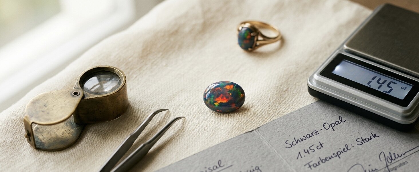 Schwarzopal-Cabochon mit lebhaftem Farbenspiel, Juwelierslupe, Steinpinzette, Pr&auml;zisionswaage und handschriftlicher Bewertungsbogen neben einem Goldring mit Opal auf cremefarbenem Leinen &mdash; Opal-Ankauf und Bewertung