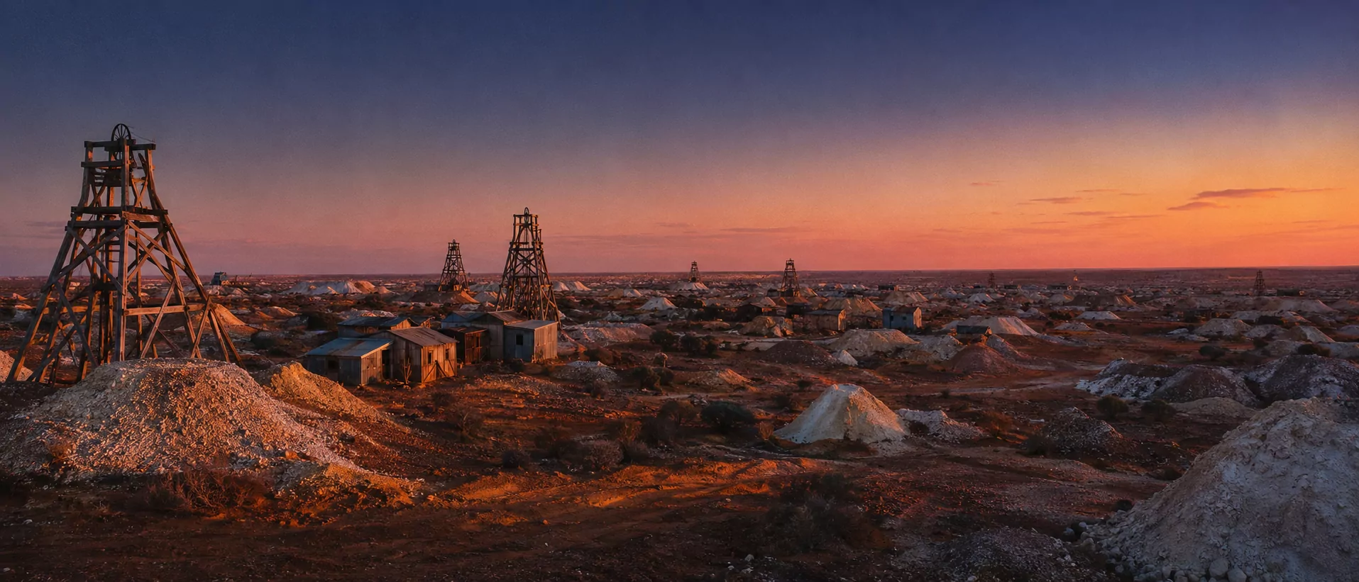 Lightning Ridge Opal-Felder im New South Wales Outback bei Sonnenuntergang — verwitterte Holz-Shaft-Headframes silhouettiert gegen apricot-rosafarbenem Dämmerungshimmel, weißlich-gelbe Mullock-Heaps auf rot-ochrer Erde, einsame Bergbau-Siedlung im Mittelgrund.