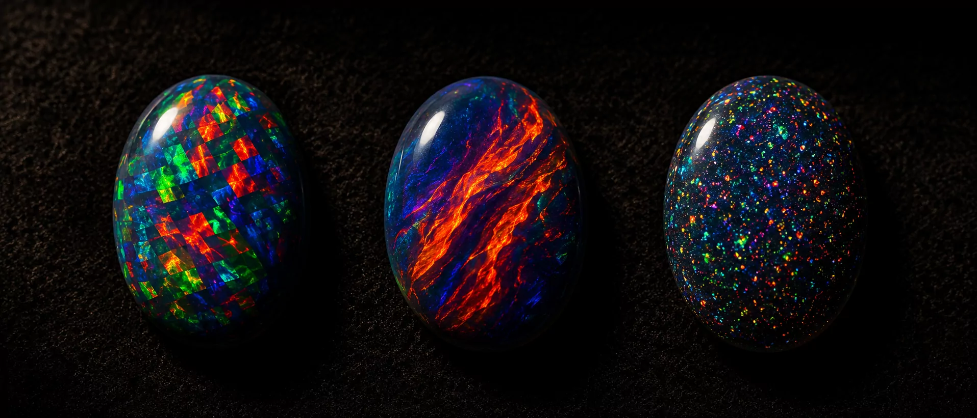 Triptych-Macro dreier Schwarz-Opal-Cabochons auf Charcoal-Velvet — links Harlequin mit rechteckigem Mosaik-Schachbrett in Grün-Rot-Blau, Mitte Flame mit langen rot-orangen Feuerzungen über tiefblauem Körper, rechts Pinfire mit tausenden brillanten Farbpunkten wie eine Galaxie.
