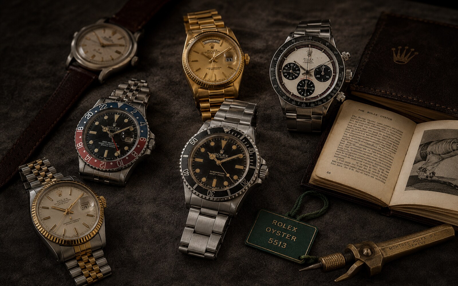 Sechs Vintage-Rolex auf Wildleder — Submariner 5513, GMT-Master Pepsi 1675, Daytona 6263, Datejust 1601, Day-Date 1803 und Oyster 5513 mit Original-Tag.