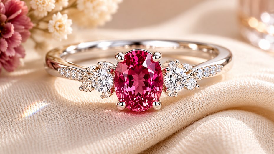 Wei&szlig;goldring mit einem kleinen himbeerroten Beryll und seitlichen Brillanten auf cremefarbenem Stoff