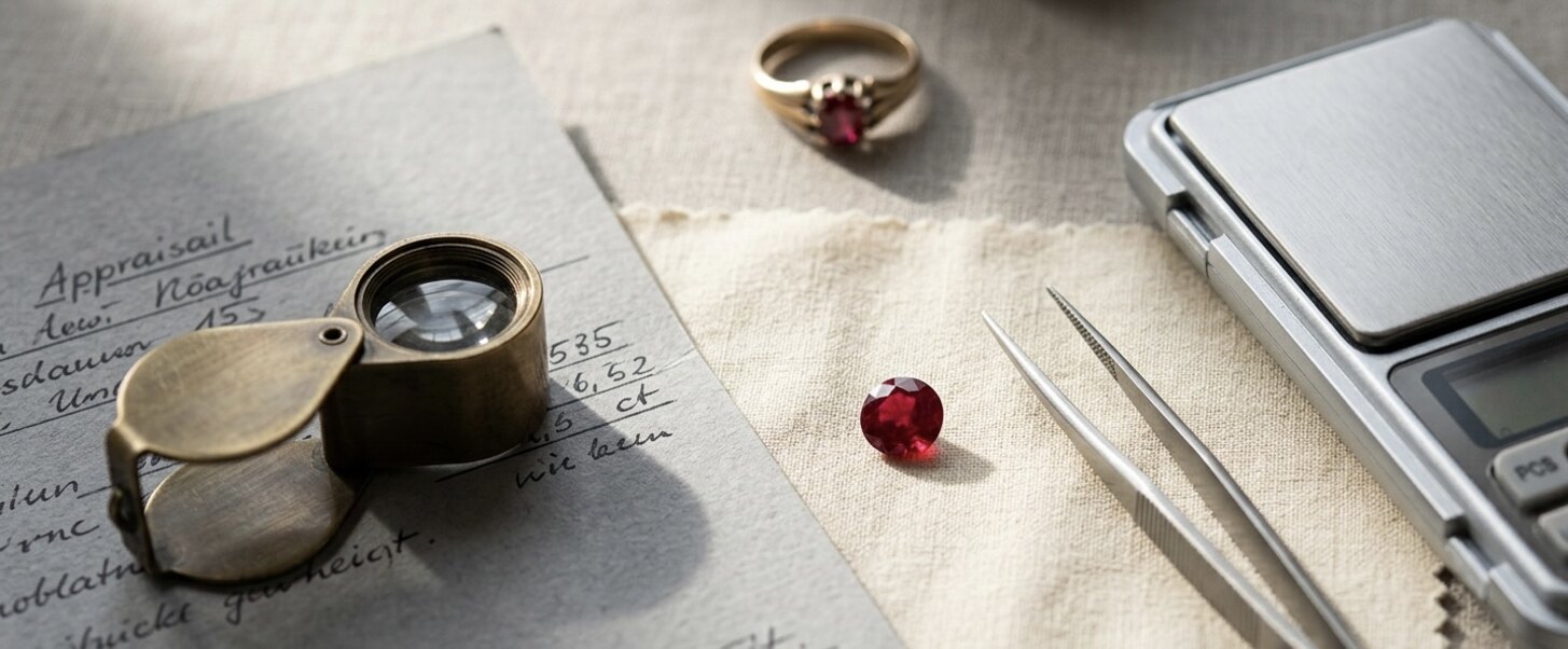 Loser Rubin, Juwelierslupe, Steinpinzette, Pr&auml;zisionswaage und handschriftlicher Bewertungsbogen neben einem Goldring mit Rubin auf cremefarbenem Leinen &mdash; Rubin-Ankauf und Bewertung