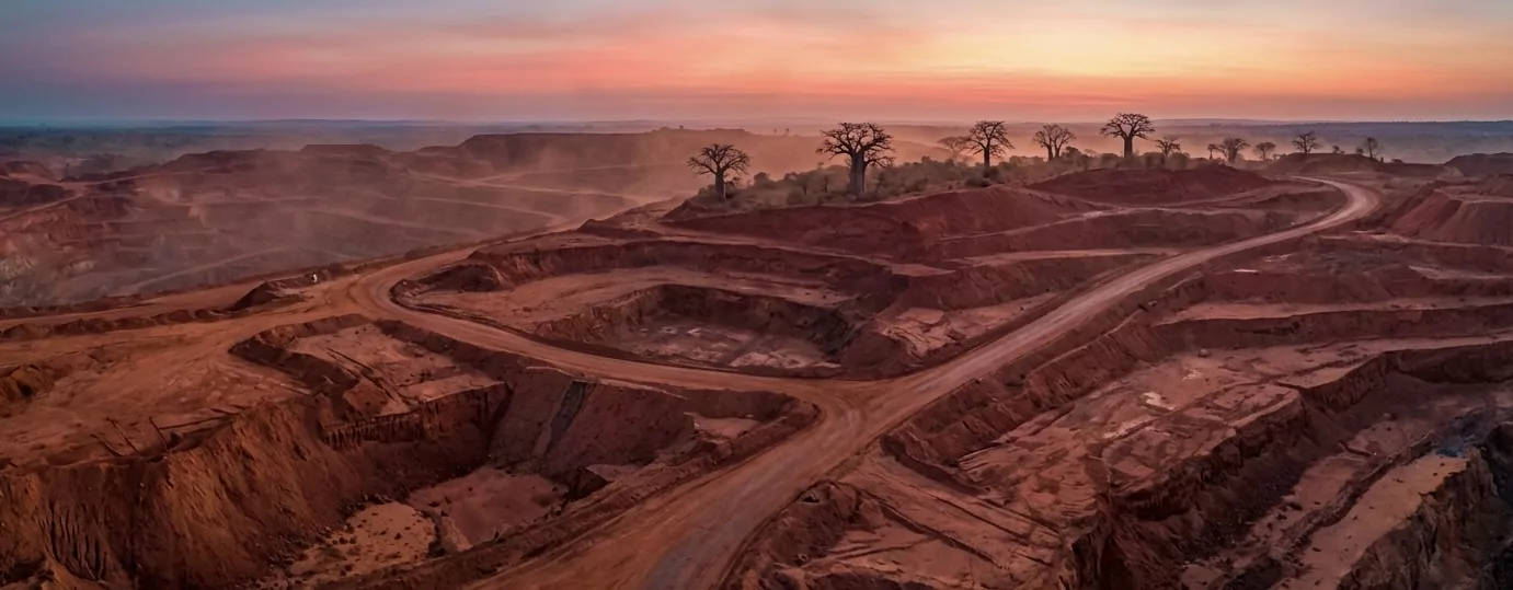 Montepuez-Rubin-Konzession in Nord-Mozambique aus der Vogelperspektive bei Morgenrot — terrakottarote Lateritlandschaft mit Baobab-Bäumen vor lachsfarbenem Dämmerungshimmel.