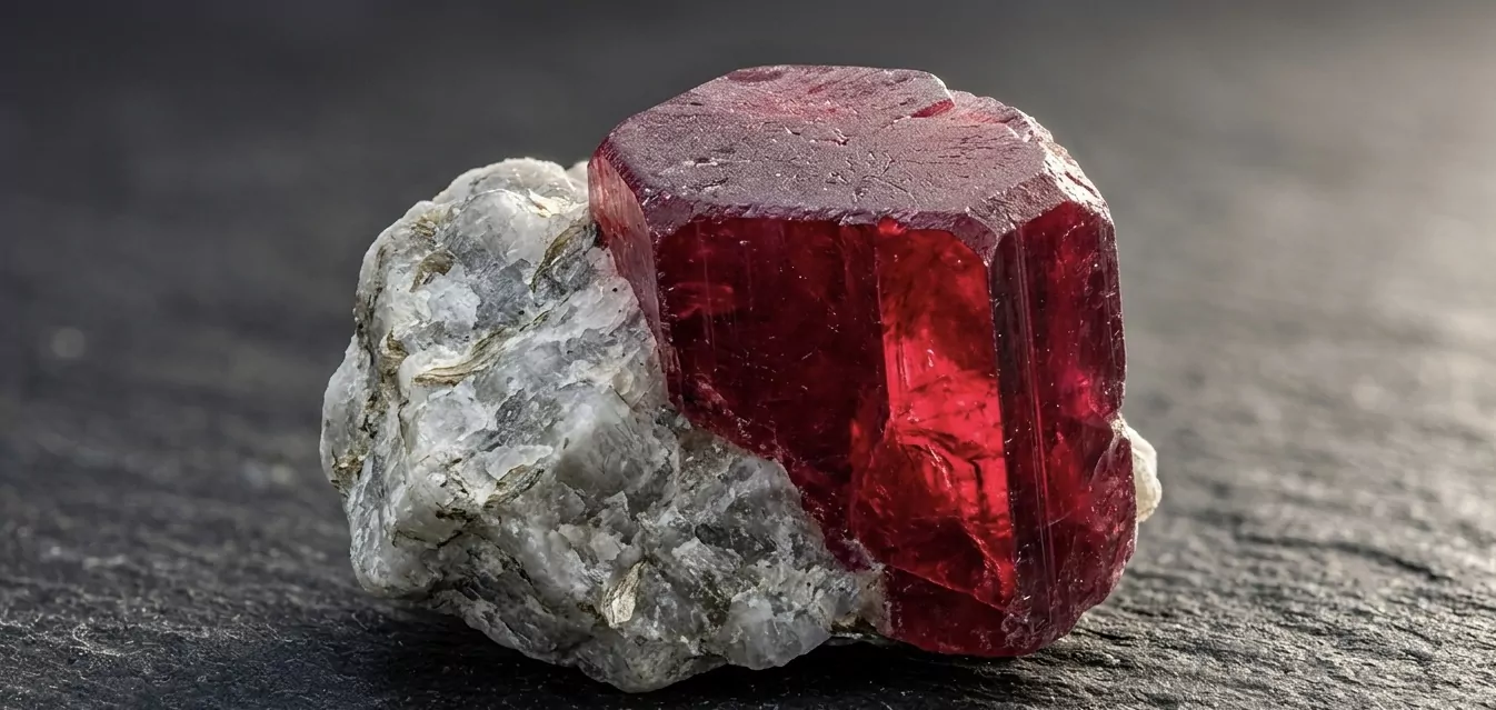 Roher hexagonaler Rubinkristall im weißen Marmor-Mutterstein auf Schiefer-Untergrund — tiefes Cr-Rot mit erkennbarer Pinacoid-Basis, Smithsonian-Plate-Ästhetik.