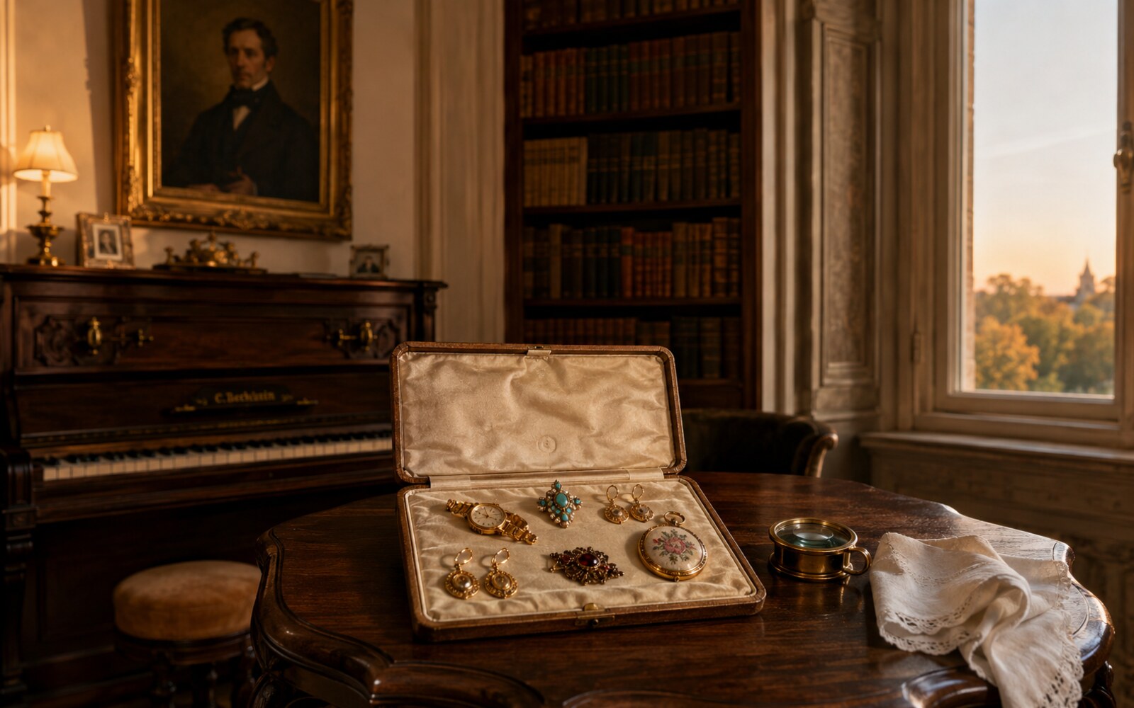 Rüttenscheider Villa-Wohnzimmer — Schmuck-Etui mit Erbschmuck (Goldring, Brillantbrosche, Taschenuhr) auf Walnuss-Tisch, Bechstein-Klavier im Abendlicht.