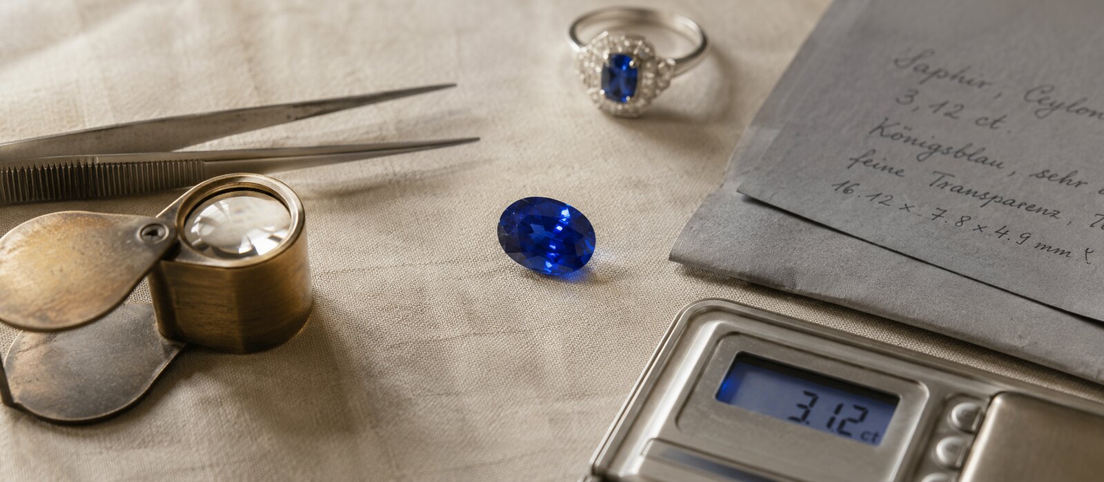 Blauer Ceylon-Saphir im Ovalschliff, Juwelierslupe, Steinpinzette, Pr&auml;zisionswaage und handschriftlicher Bewertungsbogen neben einem Saphirring auf cremefarbenem Leinen &mdash; Saphir-Ankauf und Bewertung