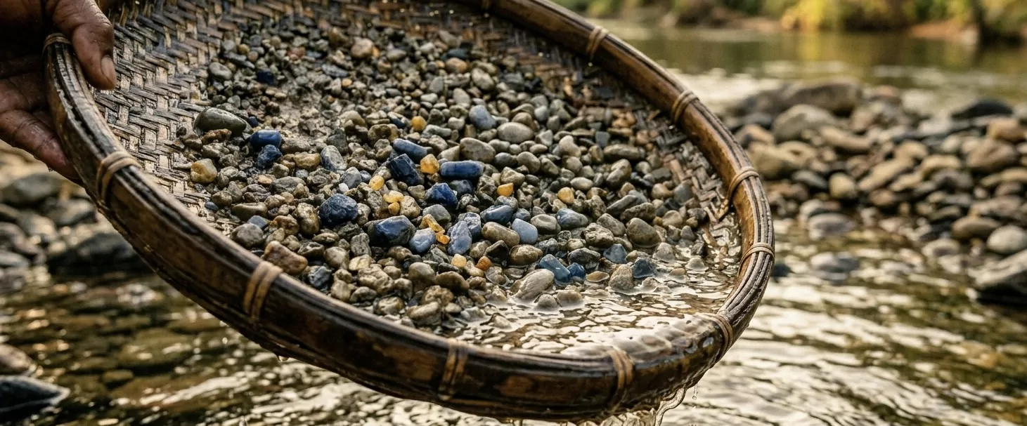 Traditioneller srilankischer Edelstein-Waschkorb aus Rattan über einem Flussbett — blaue und gelbe Rohsaphire zwischen Kieseln, Wassertropfen fangen Goldlicht im späten Nachmittag.