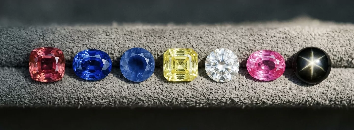 Sieben lose Saphire auf grauem Wildleder — Padparadscha-Pink-Orange, Royal-Blau, Cornflower, Gelb, weiß, Pink und ein sechsstrahliger Schwarzer Sternsaphir, museum-grade Farbpalette des Korund-Systems.