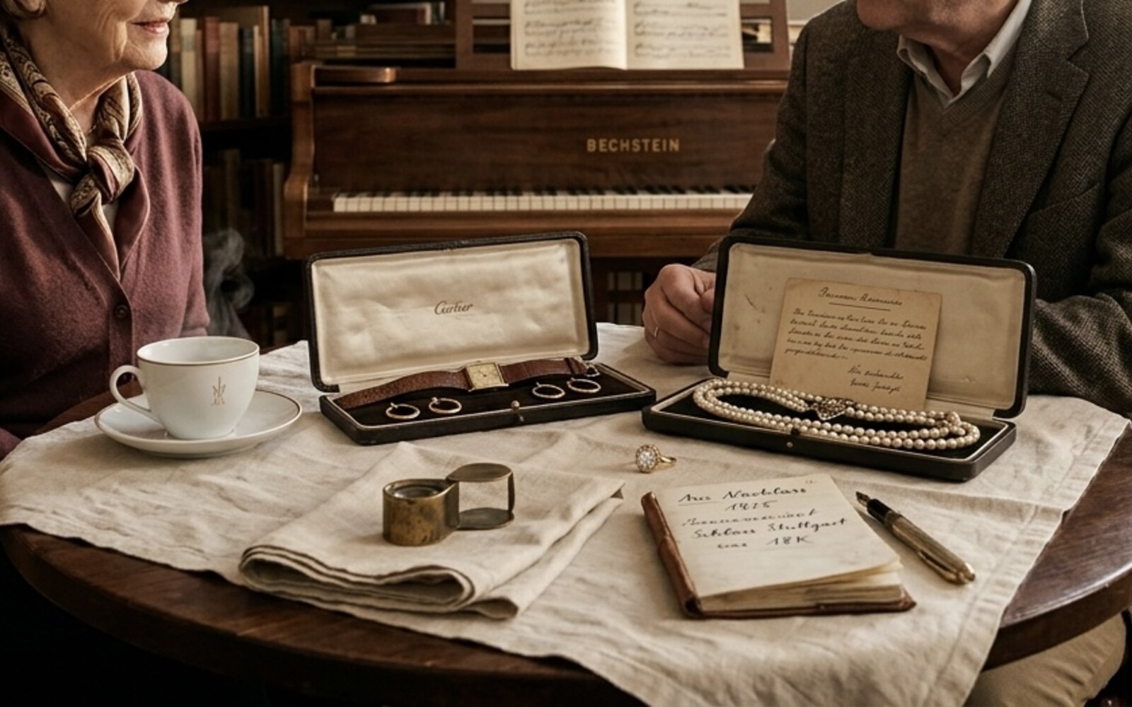 Schmuck-Schätzung in privater Bibliothek — älteres Paar mit Cartier-Etui, Perlenkette und Provenienz-Karte am Bechstein-Klavier.