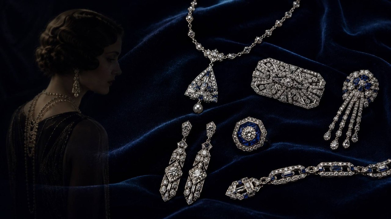 Art-Déco-Schmuck: geometrische Platinarbeiten mit Diamanten und Saphiren, 1920er-Jahre Mode