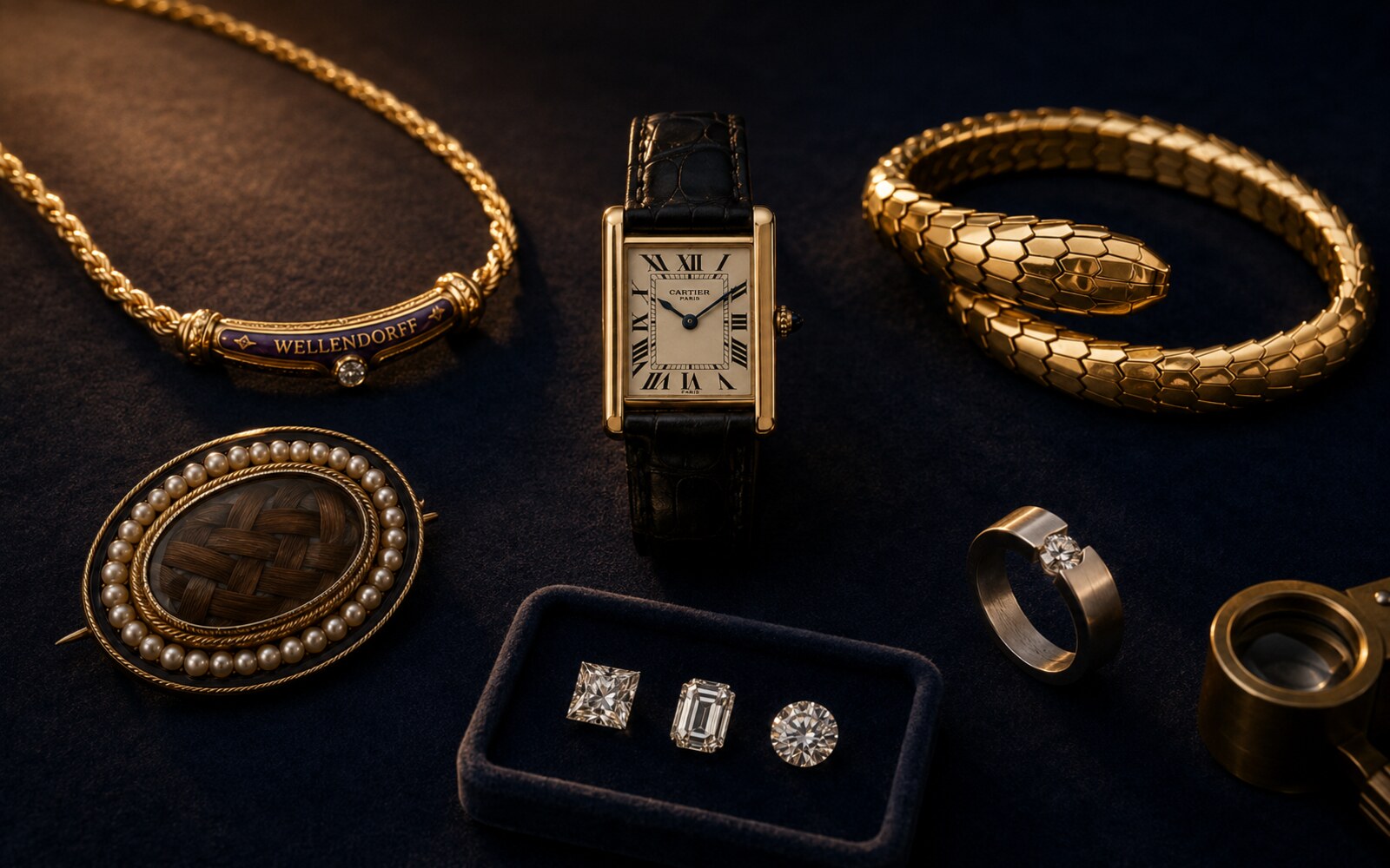Schmuck-Querschnitt — Cartier Tank, Wellendorff Brillant-Kette, Bulgari Serpenti, Biedermeier-Brosche, Niessing-Spannring und drei lose Diamanten auf Samt.
