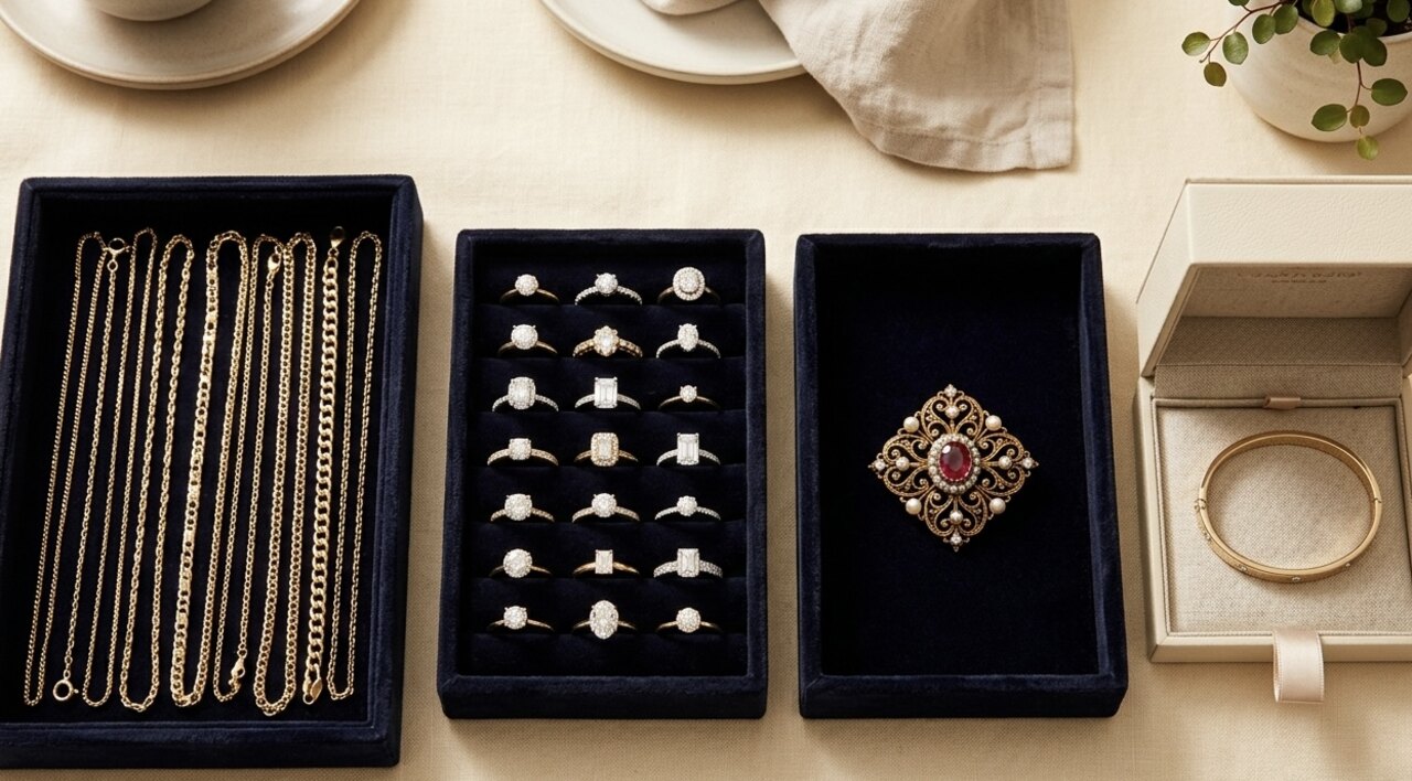 Verschiedene Schmuckarten nach Kategorien sortiert in Samtschalen &mdash; Goldketten, Brillantringe, eine antike Brosche und ein Markenarmband in Originaletui